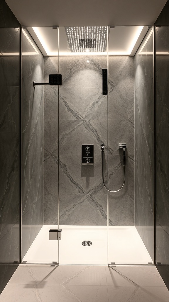 Moderne Walk-In-Dusche mit eleganter Deckenbeleuchtung und grauen Steinwänden