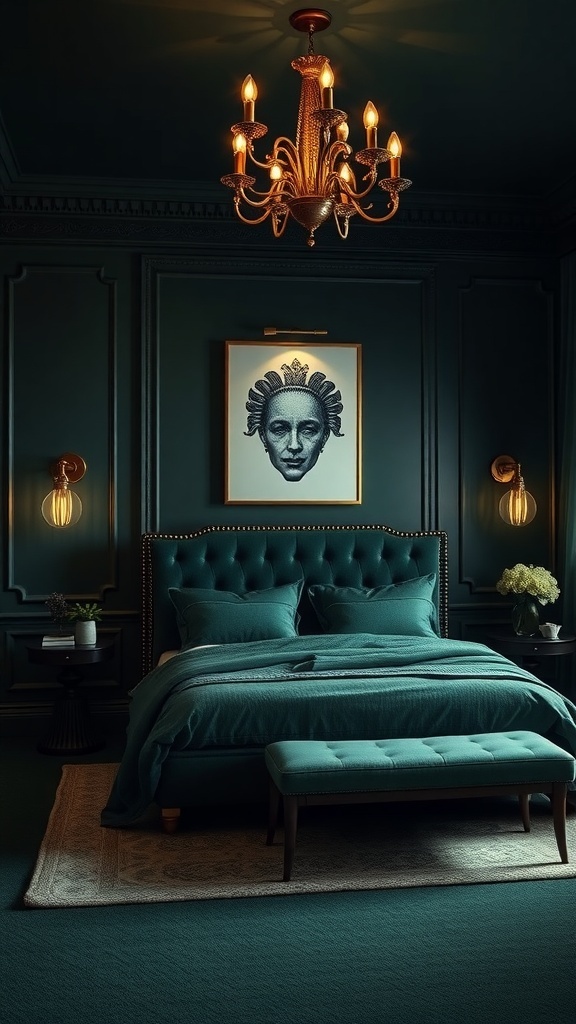 Luxuriöses Schlafzimmer in Dunkelgrün mit goldenen Beleuchtungselementen