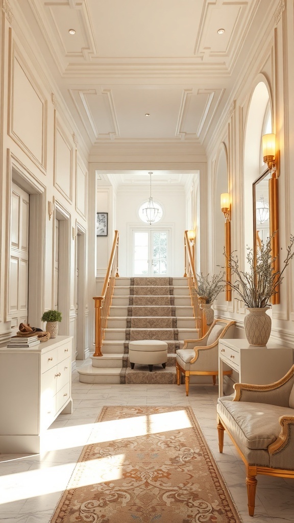 Ein eleganter Flur mit Treppe, Wandleuchten und natürlichem Licht