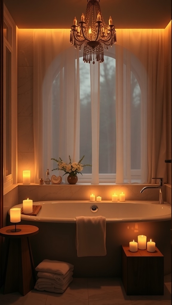 Luxuriöses Badezimmer mit sanfter Beleuchtung, Kerzen und modernen Elementen
