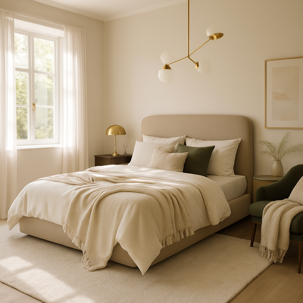 Ein stilvolles Schlafzimmer mit sanfter Beleuchtung und modernen Möbeln.