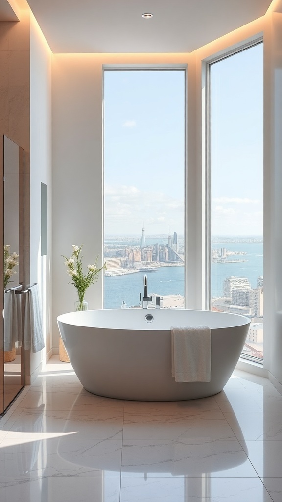 Modernes Badezimmer mit großer Badewanne und Blick auf die Stadt