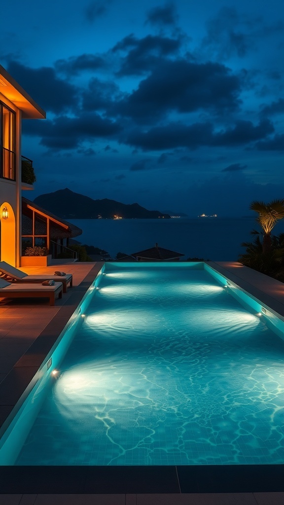 Ein luxuriöser Pool bei Nacht mit sanfter Beleuchtung und Blick auf das Meer.