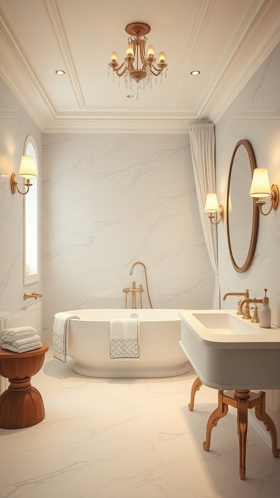Luxuriöses Badezimmer mit eleganter Beleuchtung und stilvollen Armaturen