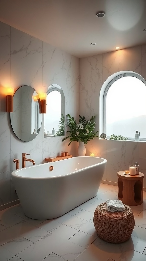 Luxuriöses Badezimmer mit freistehender Badewanne, warmen Wandleuchten und Pflanzen