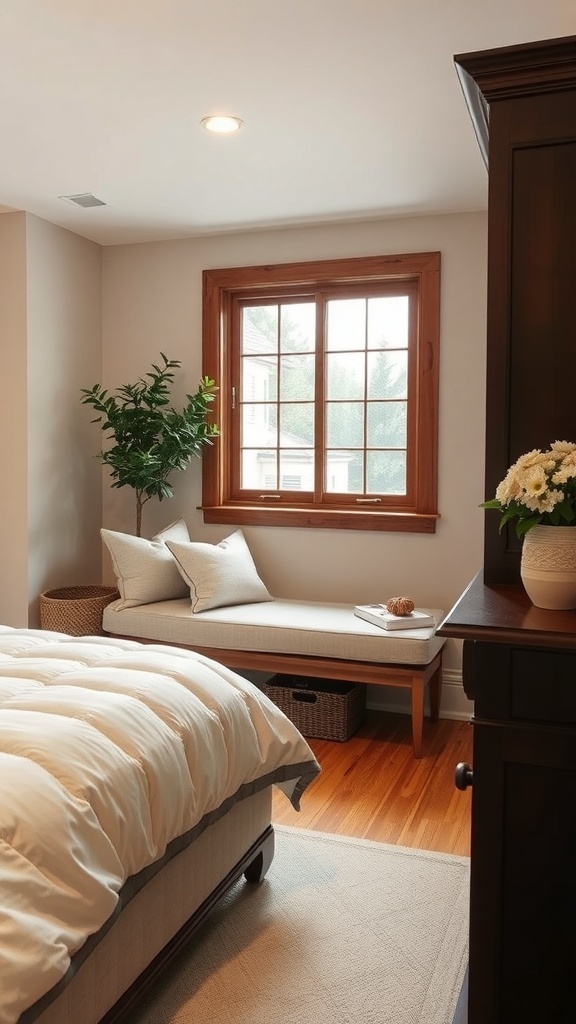 A cozy bedroom with a window seat featuring built-in storage drawers underneath.