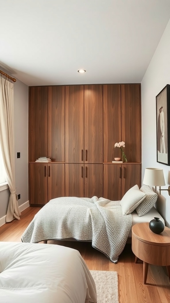 A modern small bedroom featuring a sleek wooden storage unit and a cozy bed.