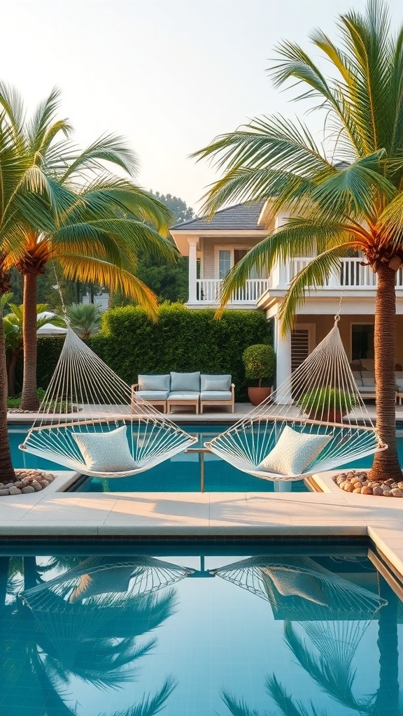 Zwei Hängematten zwischen Palmen am Pool mit modernem Haus im Hintergrund