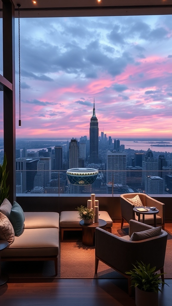 Gemütliche Lounge-Ecke mit Blick auf die Skyline bei Sonnenuntergang