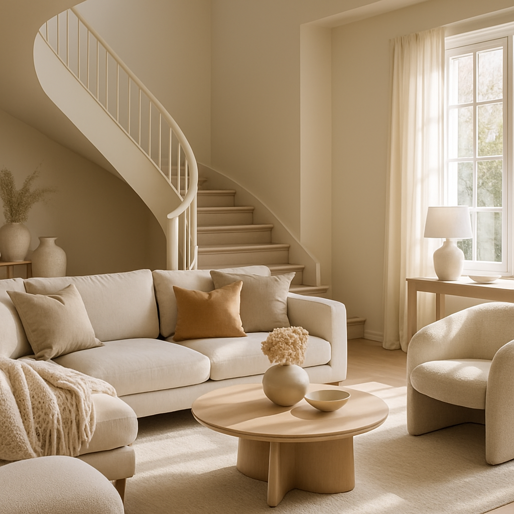 Gemütliches Wohnzimmer mit hellem Sofa, Sessel und runden Holztisch