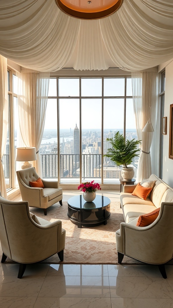 Elegantes Art Deco Wohnzimmer mit bequemen Sitzgelegenheiten und Blick auf die Stadt.