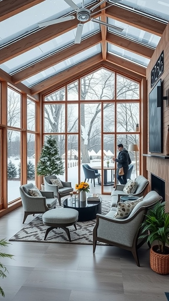Gemütlicher Wintergarten mit bequemen Sitzgelegenheiten und großen Fenstern