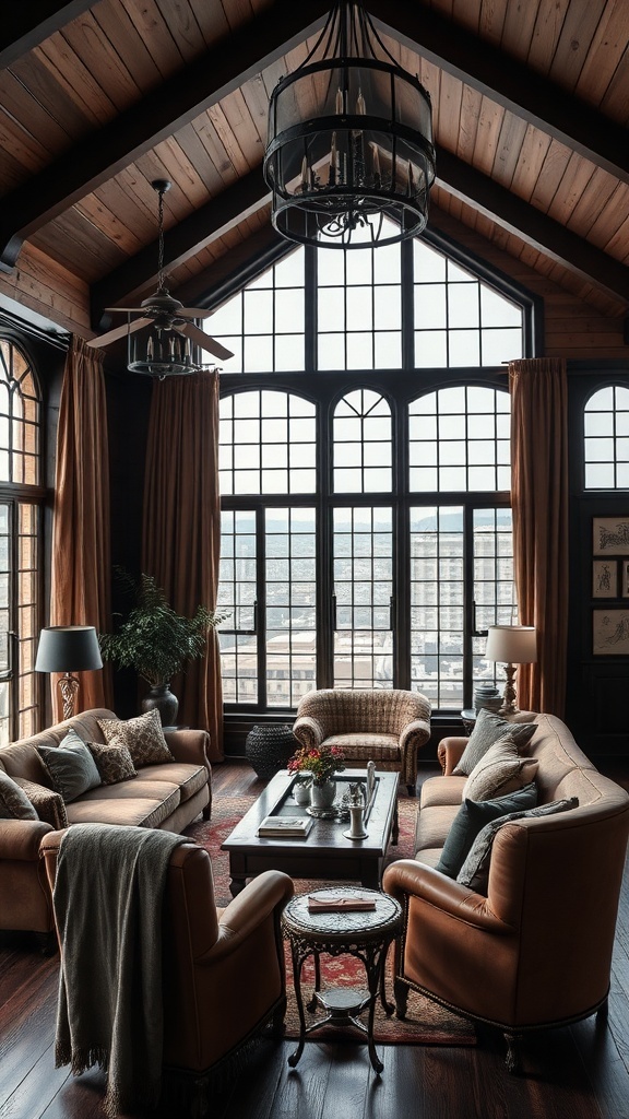 Gemütliches Wohnzimmer im Western-Gotisch-Stil mit bequemen Sitzgelegenheiten und großen Fenstern