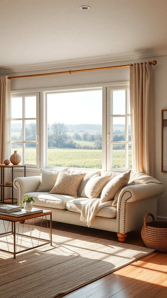 Ein gemütliches Sofa mit Kissen in einem modernen Wohnzimmer im Bauernhausstil, mit Blick auf die Natur durch große Fenster.