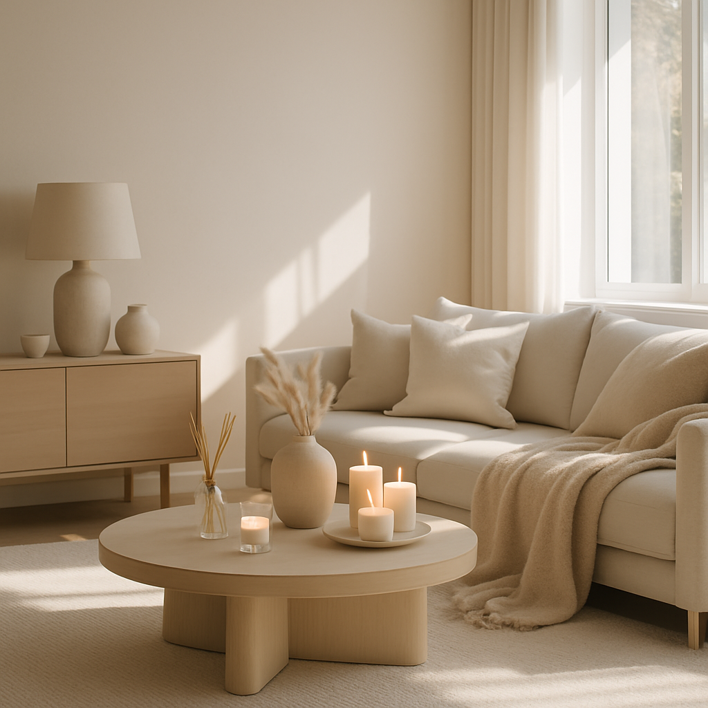 Minimalistisches Wohnzimmer mit sanften Farben, einem Sofa, Kerzen und einer Vase