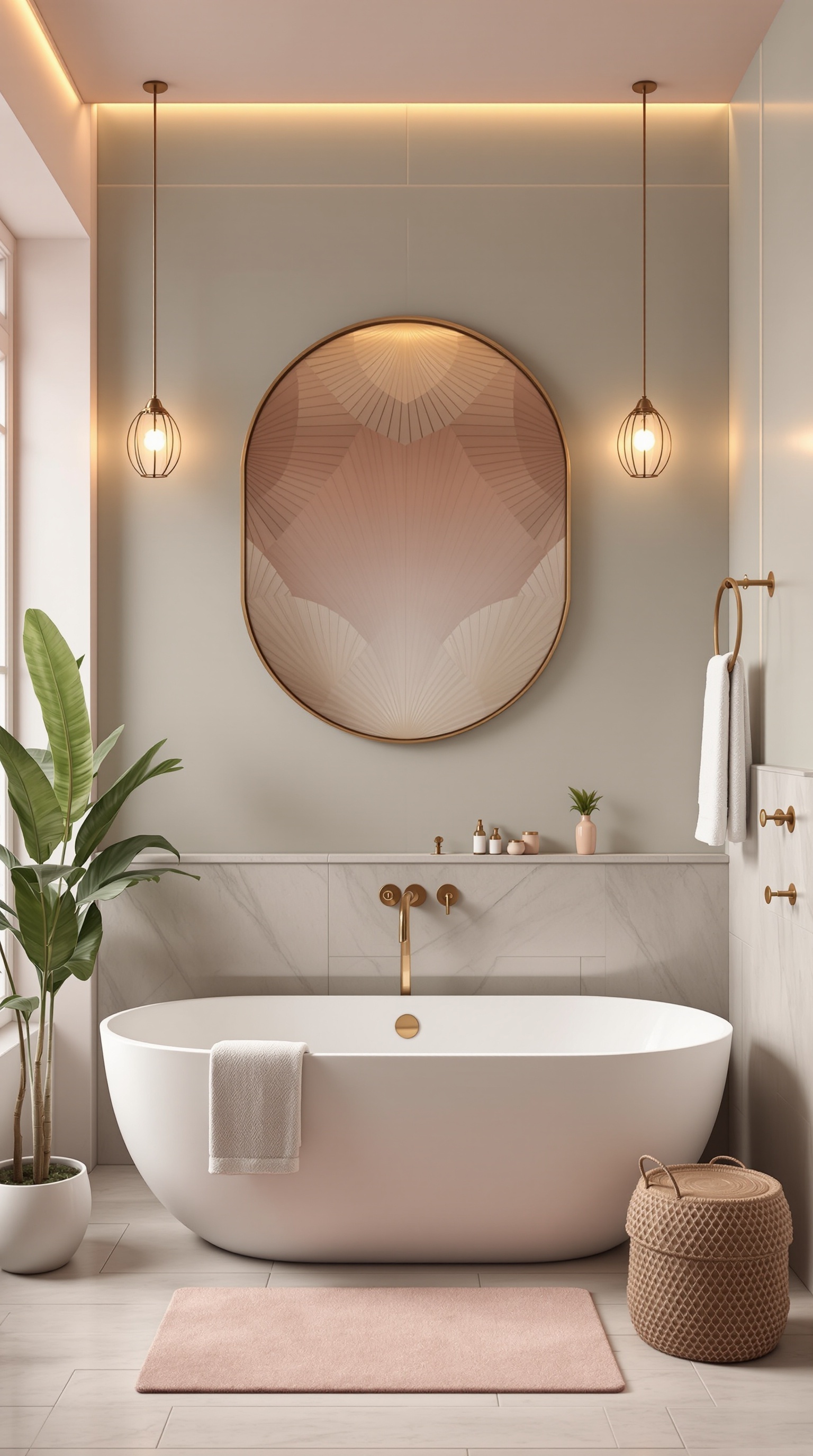 Modernes Zen-Badezimmer mit beruhigenden Farbtönen und Meerblick