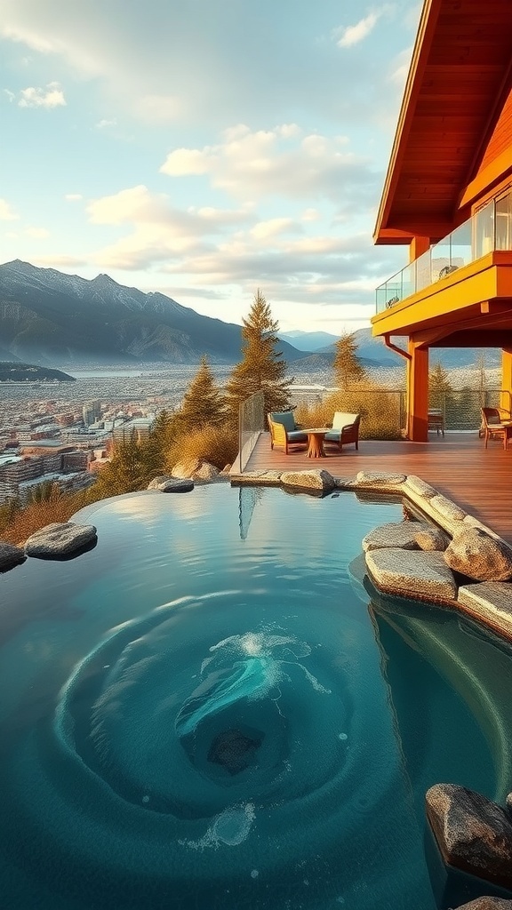 Ein Naturpool in den Rocky Mountains mit Blick auf die Berge und eine Stadt im Hintergrund.