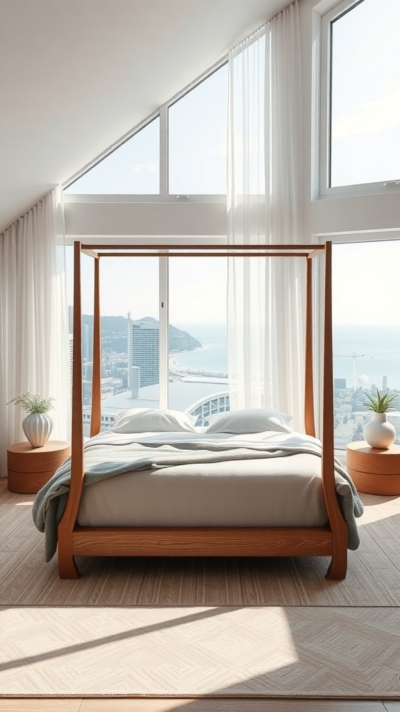 Modernes Bettgestell aus Holz in einem hellen Schlafzimmer mit großen Fenstern und Meerblick
