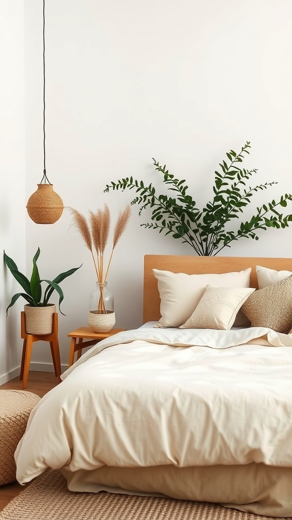 Gemütliches Schlafzimmer mit Bio-Baumwolle und Pflanzen