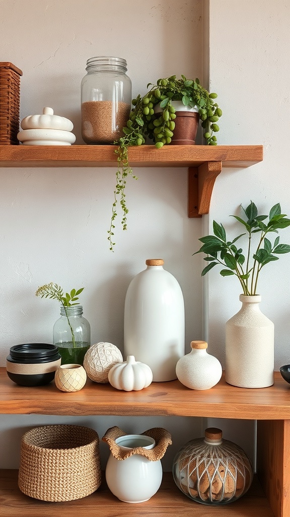A display of biodegradable decorative items on wooden shelves, featuring plants, ceramic vases, and woven baskets.