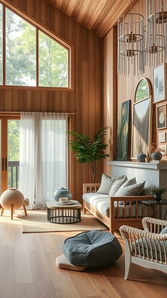 Ein stilvoller Raum mit Holzverkleidung, großen Fenstern und Pflanzen, der eine Verbindung zur Natur herstellt.