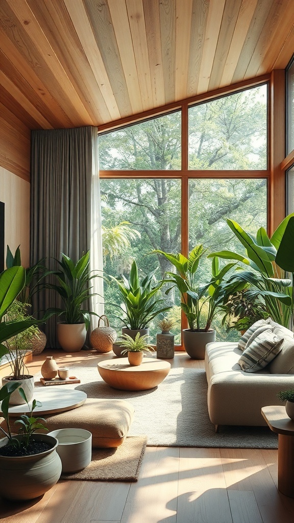Ein heller Raum mit großen Fenstern, Holzdecke, Pflanzen und minimalistischen Möbeln.