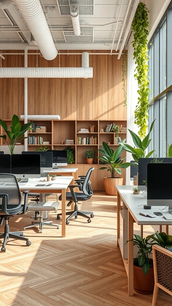 A bright and airy office space with wooden walls, large windows, and various indoor plants.