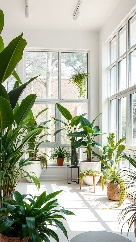 A bright room filled with various indoor plants and large windows allowing natural light.