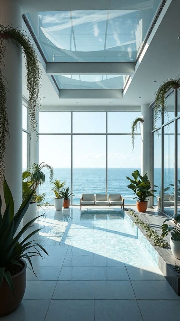 A bright and modern interior with large windows overlooking the ocean, featuring plants and a serene pool.