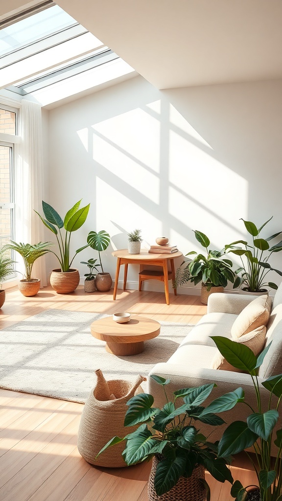 A bright room with large windows and a skylight, featuring various indoor plants and natural materials.