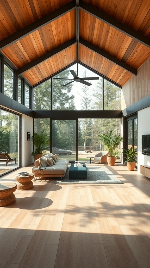 A bright and airy living room with wooden beams, large windows, and plants, showcasing biophilic design principles.