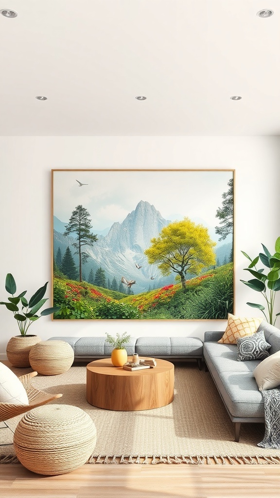 A cozy living room featuring a large landscape painting of mountains and trees, surrounded by plants and natural decor.
