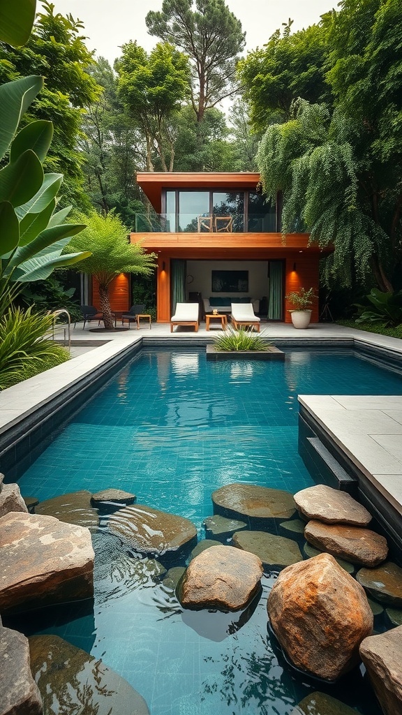 Ein Biotop-Pool umgeben von Pflanzen und einem modernen Haus.