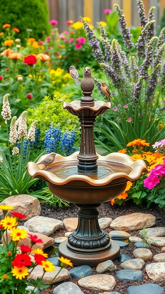 A birdbath fountain surrounded by colorful flowers in a garden.