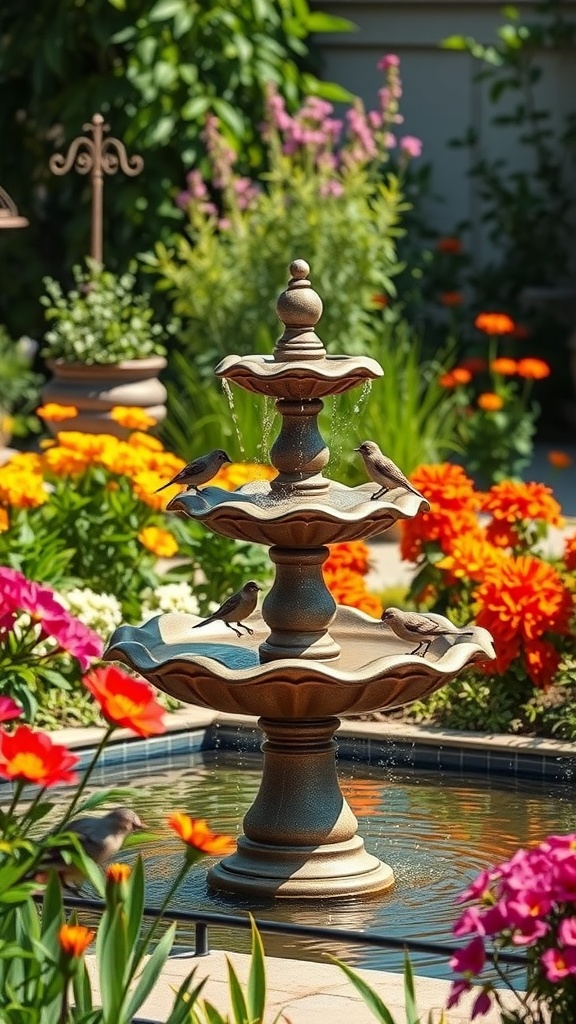 A beautiful birdbath fountain surrounded by colorful flowers, with birds perched on its tiers.
