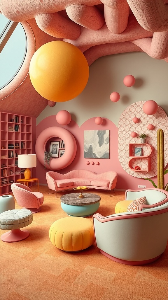 A modern surrealist living room featuring quirky furniture and colorful decor.