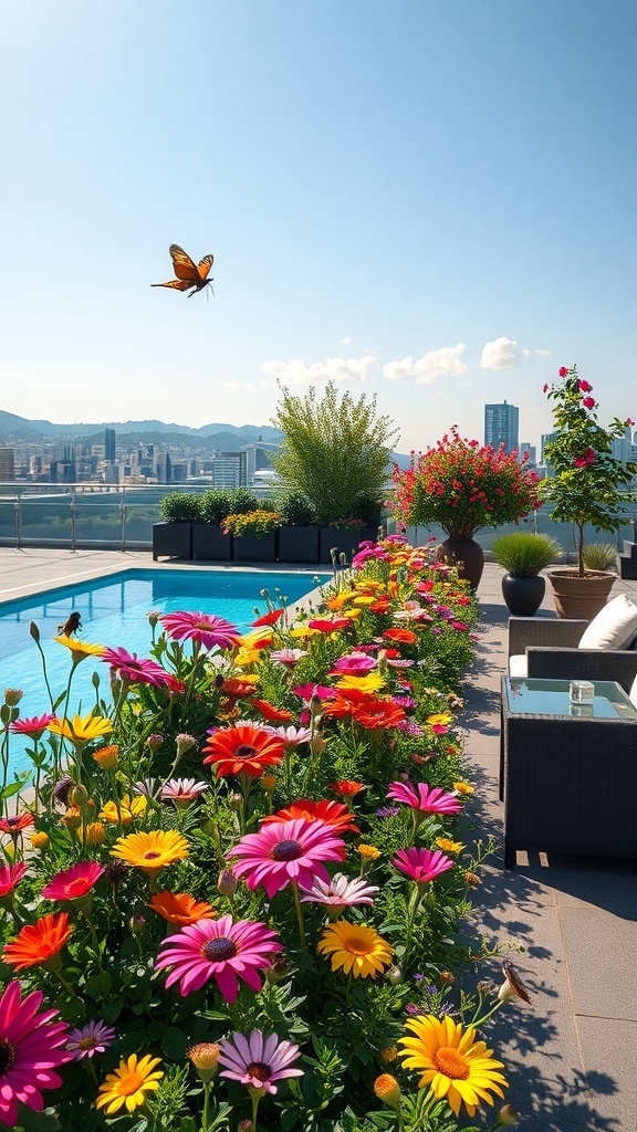 Bunte Blumen und ein Pool auf einem Dachgarten, mit einem Schmetterling, der darüber fliegt.