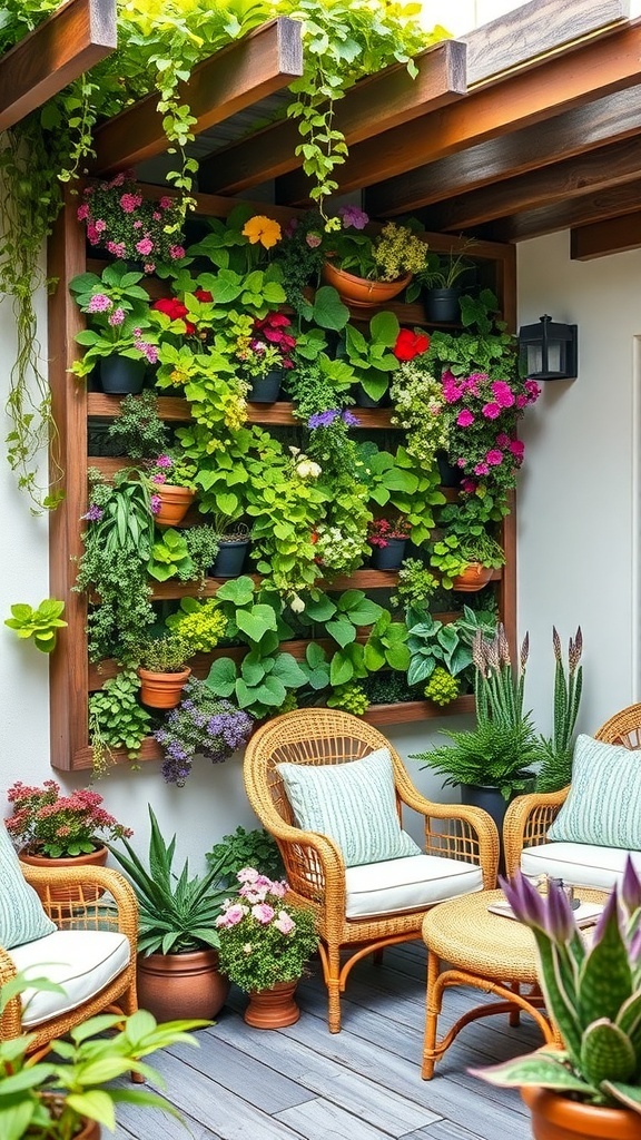 Ein vertikaler Garten mit bunten Pflanzen in Töpfen, angeordnet in einem Holzregal, und gemütlichen Rattanmöbeln im Vordergrund.