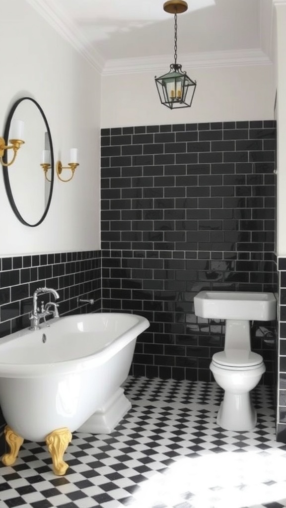 A bathroom featuring black and white checkerboard tile flooring, a white bathtub with golden legs, and black wall tiles.