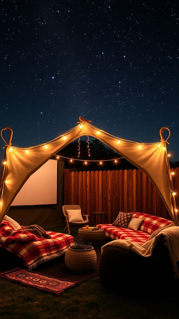 Cozy outdoor cinema setup featuring a blanket fort with string lights, plush seating, and a movie screen under a starry sky.