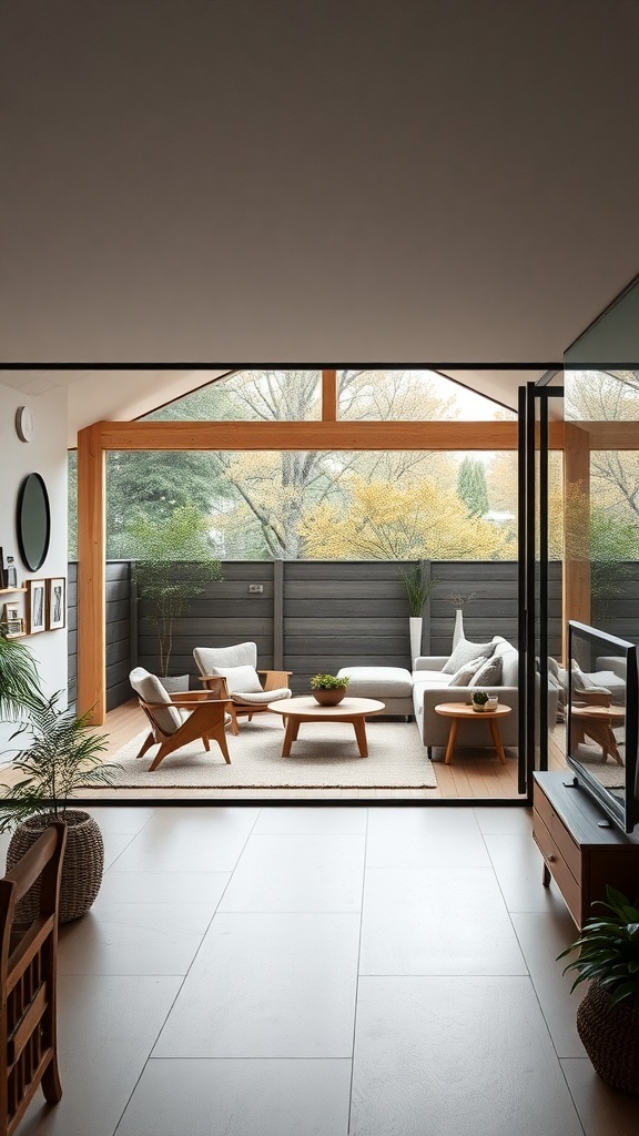 A cozy Scandinavian interior with large glass doors leading to an outdoor space, featuring warm wooden furniture and plants.