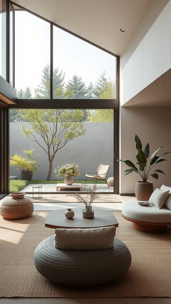 A modern Japandi interior with large windows showcasing a garden view.