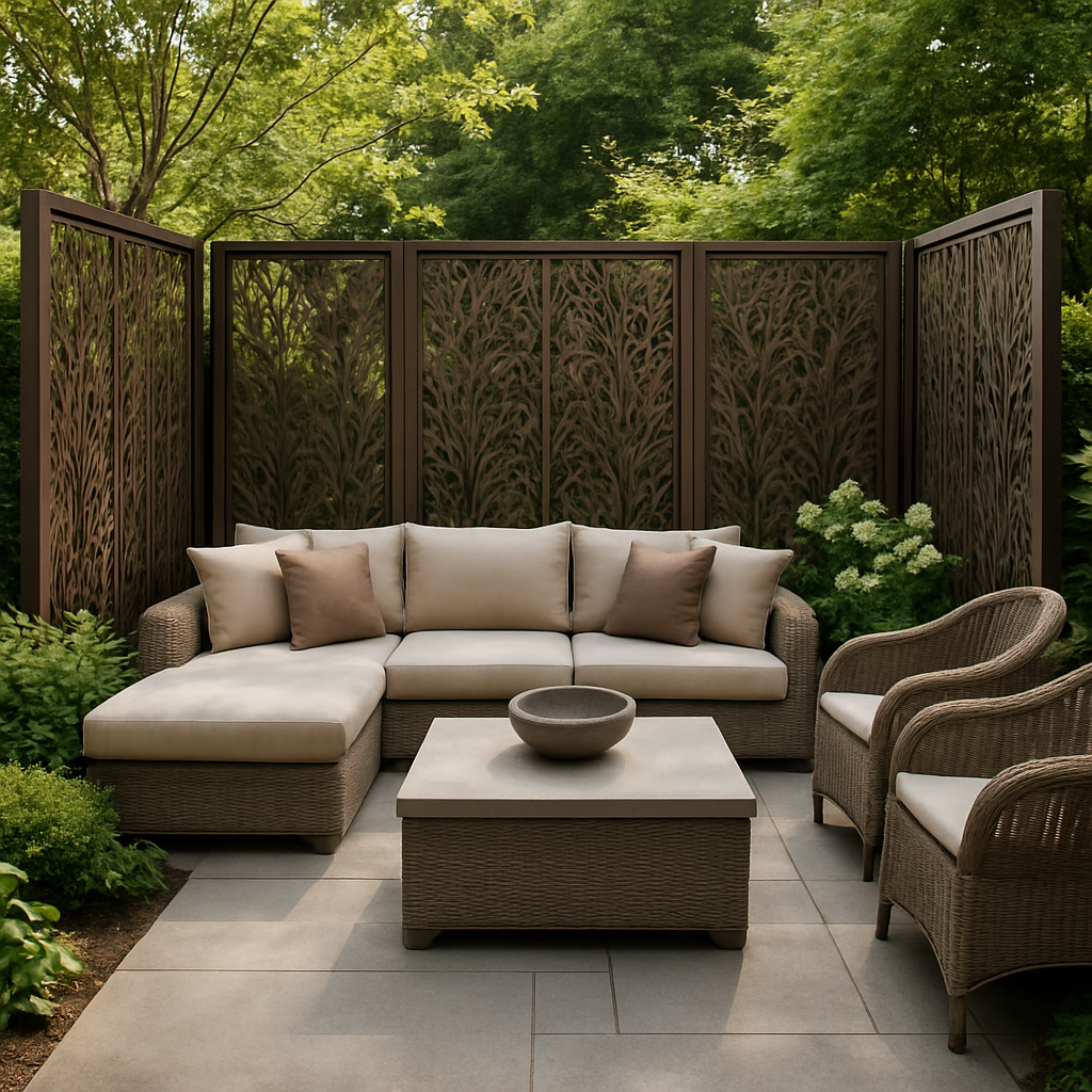 Eine stilvolle Outdoor-Lounge mit einem bequemen Sofa, einem Tisch und einer blickdichten Sichtschutzwand im Hintergrund.