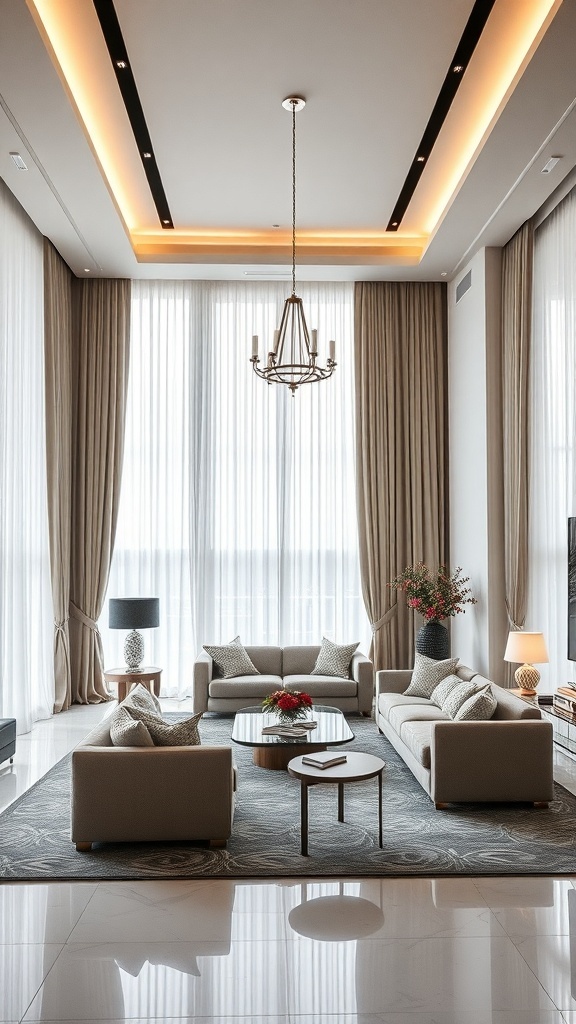 Luxuriöses Wohnzimmer mit eleganten Vorhängen, stilvollen Möbeln und moderner Beleuchtung.
