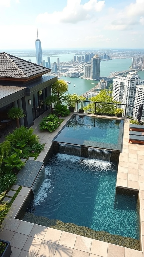 Luxuriöse Dachterrasse mit Wasserfall und Pool, Blick auf die Stadt