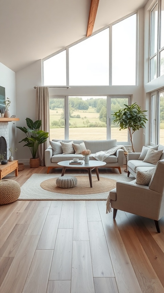 Modernes Wohnzimmer im Bauernhausstil mit Holzfußboden und großen Fenstern