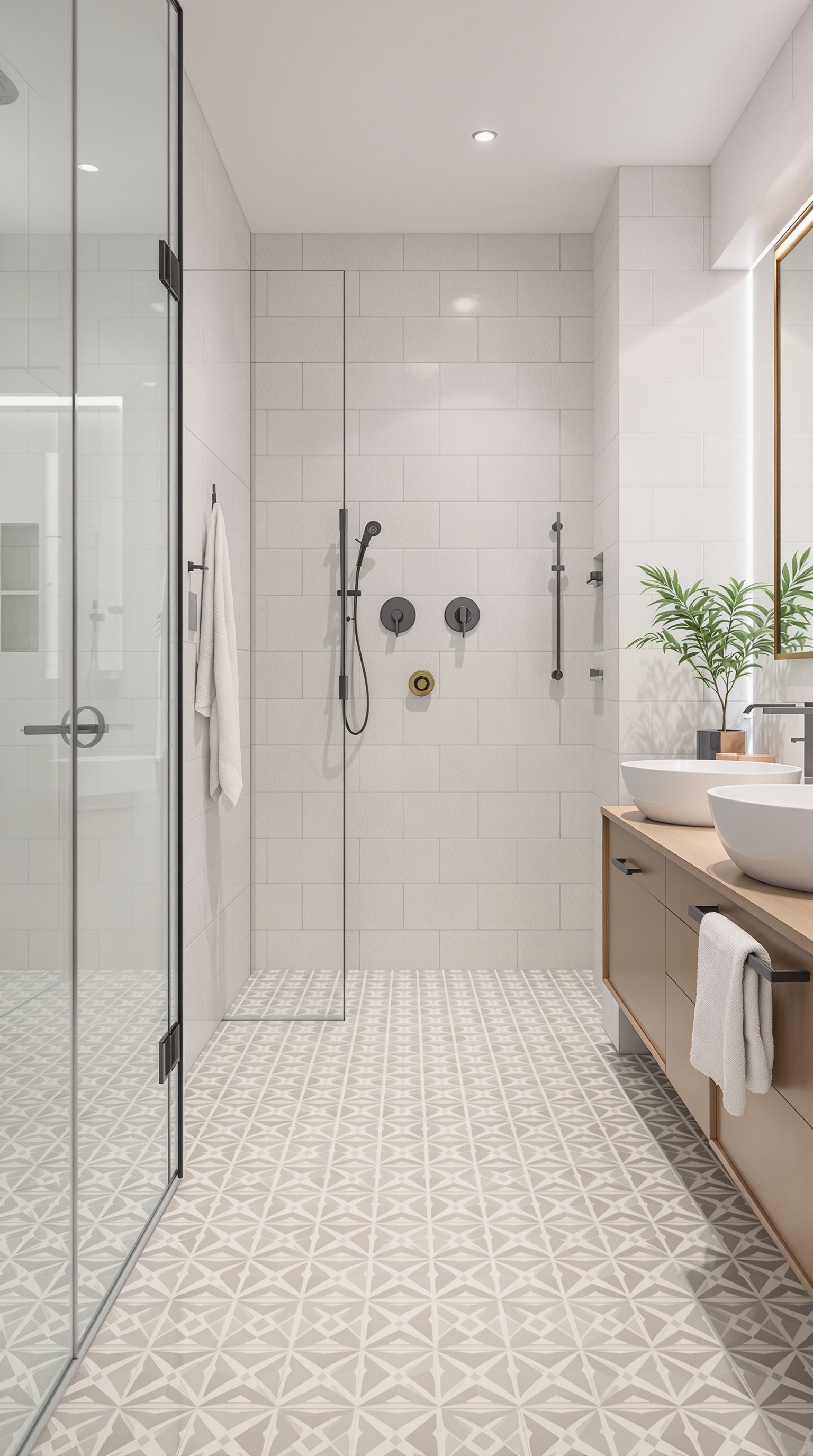 Modernes Badezimmer mit geometrischen Bodenfliesen und großen Fenstern