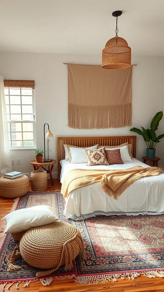 A cozy bedroom featuring a wooden bed, woven decor, and bohemian elements.
