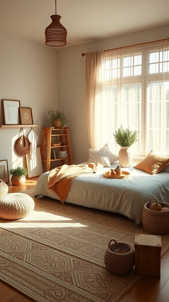 A cozy bedroom featuring natural light, earthy tones, and soft textures.