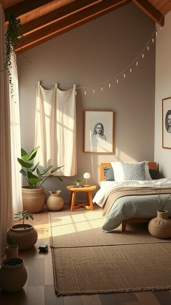 A serene bedroom with natural elements, featuring wooden furniture, plants, and soft lighting.